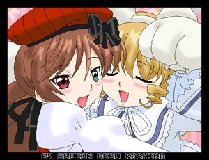 Rating: Safe Score: 0 Tags: 2girls black_border blonde_hair blush border brown_hair circle_cut closed_eyes drill_hair green_eyes hat heterochromia hug letterboxed multiple_girls open_mouth pillarboxed red_eyes smile suiseiseki User: admin