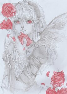 Rating: Safe Score: 0 Tags: 1girl dress flower hair_ornament hands_clasped image long_hair long_sleeves monochrome own_hands_together petals red_flower red_rose rose rose_petals smile solo spot_color suigintou traditional_media User: admin