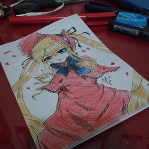 Rating: Safe Score: 0 Tags: 1girl blonde_hair blue_eyes bonnet bow dress flower image long_hair long_sleeves looking_at_viewer marker_(medium) petals photo red_dress rose_petals shikishi shinku signature solo traditional_media twintails watercolor_(medium) User: admin