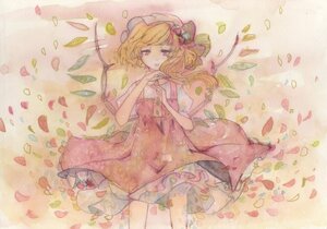 Rating: Safe Score: 0 Tags: 1girl blonde_hair confetti dress flandre_scarlet flower hat hinaichigo image lying mob_cap petals puffy_sleeves red_eyes ribbon rose_petals short_hair short_sleeves skirt solo traditional_media watercolor_(medium) wings User: admin