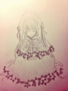 Rating: Safe Score: 0 Tags: 1girl closed_eyes dress image long_hair long_sleeves monochrome sepia shinku sitting smile solo traditional_media very_long_hair User: admin