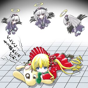 Rating: Safe Score: 0 Tags: black_wings blonde_hair bow dress flower hairband halo image long_hair long_sleeves multiple_girls pair rose shinku suigintou tile_floor tiles wings User: admin