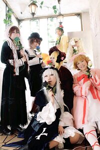 Rating: Safe Score: 0 Tags: 4girls 91076 blonde_hair brown_hair dress flower formal hat jacket multiple_boys multiple_cosplay multiple_girls necktie short_hair suit tagme User: admin