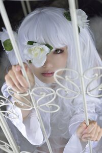 Rating: Safe Score: 0 Tags: 1girl bandaged_arm bangs blurry blurry_foreground depth_of_field eyepatch flower hair_flower hair_ornament kirakishou lips looking_at_viewer one_eye_covered solo teeth upper_body white_flower white_hair white_rose User: admin