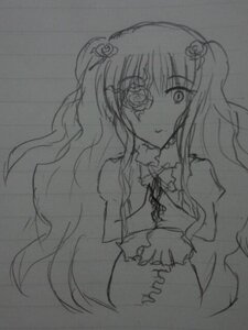 Rating: Safe Score: 0 Tags: 1girl bow dress flower greyscale hair_flower hair_ornament image kirakishou long_hair looking_at_viewer monochrome puffy_sleeves simple_background solo traditional_media upper_body User: admin