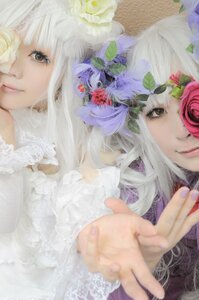 Rating: Safe Score: 0 Tags: 2girls flower hair_ornament hands holding_hands lips long_hair looking_at_viewer multiple_cosplay multiple_girls red_flower red_rose rose silver_hair smile tagme white_hair User: admin