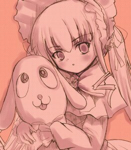 Rating: Safe Score: 0 Tags: 1girl blush bonnet bow capelet dress eyebrows_visible_through_hair fishnets halftone halftone_background holding image kunkun long_hair long_sleeves looking_at_viewer lowres monochrome pink_theme polka_dot polka_dot_background polka_dot_dress red_theme rozen_maiden shinku shinshin solo stuffed_animal stuffed_bunny stuffed_dog teddy_bear twintails unmoving_pattern upper_body User: admin