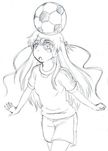 Rating: Safe Score: 0 Tags: 1girl :o ball barasuishou eyebrows_visible_through_hair greyscale hair_ornament holding_ball image long_hair monochrome open_mouth shirt short_sleeves shorts soccer soccer_ball soccer_uniform solo sportswear striped striped_shirt telstar traditional_media white_background User: admin