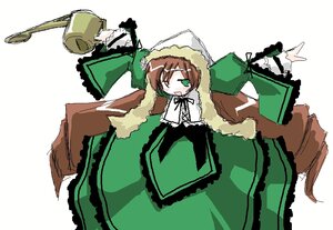 Rating: Safe Score: 0 Tags: 1girl brown_hair dress drill_hair green_dress green_eyes image long_sleeves simple_background solo suiseiseki twin_drills watering_can white_background User: admin
