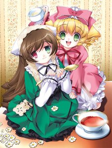 Rating: Safe Score: 0 Tags: 2girls :d blonde_hair bow brown_hair coffee cup dress flower frills green_dress green_eyes head_scarf heterochromia hina_ichigo hinaichigo holding_cup image long_hair long_sleeves looking_at_viewer multiple_girls open_mouth pair pink_bow plate red_eyes saucer short_hair sitting smile suiseiseki tea tea_set teacup teapot very_long_hair watering_can User: admin