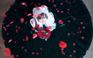Rating: Safe Score: 0 Tags: 1girl blue_eyes bouquet brown_hair cloak dress flower hood petals red_flower red_rose rose rose_petals solo suiseiseki veil User: admin