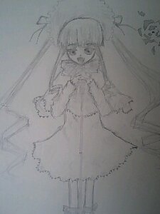 Rating: Safe Score: 0 Tags: 1girl bangs dress greyscale image long_hair looking_at_viewer monochrome photo shinku sketch solo standing traditional_media User: admin