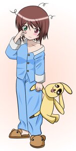 Rating: Safe Score: 0 Tags: 1girl ? blush brown_hair gradient gradient_background green_eyes heterochromia image long_sleeves pajamas red_eyes short_hair solo souseiseki standing stuffed_animal teddy_bear User: admin