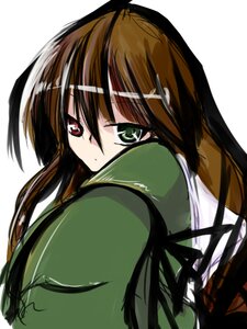 Rating: Questionable Score: 0 Tags: 1girl auto_tagged brown_hair image long_hair long_sleeves looking_at_viewer looking_back school_uniform simple_background solo suiseiseki white_background User: admin