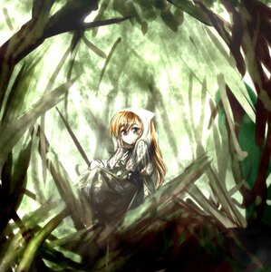 Rating: Safe Score: 0 Tags: 1girl bamboo blonde_hair dress forest image light_rays long_hair long_sleeves nature sitting smile solo suiseiseki sunbeam sunlight tree User: admin