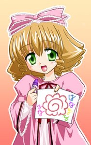 Rating: Safe Score: 0 Tags: 1girl :d blonde_hair bow dress drill_hair green_eyes hina_ichigo hinaichigo image long_sleeves looking_at_viewer open_mouth orange_background pink_bow pink_dress short_hair simple_background smile solo User: admin