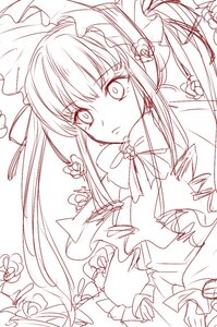 Rating: Safe Score: 0 Tags: 1girl bonnet bow dress drill_hair flower frills hat image lineart long_hair long_sleeves looking_at_viewer monochrome shinku simple_background solo suigintou twin_drills twintails User: admin