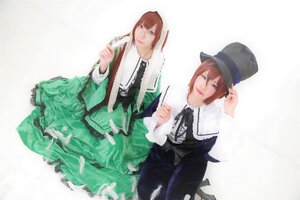 Rating: Safe Score: 0 Tags: 2girls blue_eyes brown_hair dress frills green_dress hat long_sleeves looking_at_viewer multiple_cosplay multiple_girls ribbon short_hair siblings sisters smile souseiseki suiseiseki tagme top_hat twins User: admin