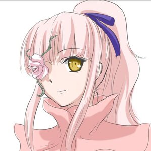 Rating: Safe Score: 0 Tags: 1girl bangs blush eyebrows_visible_through_hair flower hair_ribbon image kirakishou long_hair looking_at_viewer pink_hair portrait ribbon rose smile solo striped striped_background upper_body white_background yellow_eyes User: admin