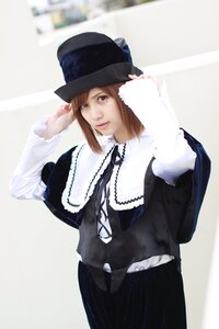 Rating: Safe Score: 0 Tags: 1girl bangs brown_eyes brown_hair fur_trim hat lips long_sleeves looking_at_viewer ribbon short_hair solo souseiseki striped top_hat vertical_stripes User: admin