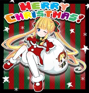 Rating: Safe Score: 0 Tags: 1girl argyle argyle_background bangs blonde_hair blue_eyes blush checkered checkered_background checkered_floor hair_ribbon image long_hair one_eye_closed pantyhose red_footwear ribbon shinku smile solo twintails very_long_hair User: admin