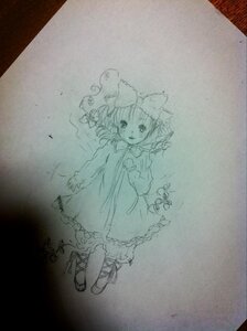 Rating: Safe Score: 0 Tags: 1girl bow dress full_body graphite_(medium) hair_bow hinaichigo image long_sleeves looking_at_viewer monochrome sketch smile solo traditional_media User: admin