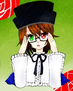 Rating: Safe Score: 0 Tags: 1girl adjusting_eyewear bangs brown_hair capelet eyebrows_visible_through_hair frills glasses green_background green_eyes hat heterochromia image long_sleeves looking_at_viewer red_eyes short_hair solo souseiseki suiseiseki upper_body User: admin