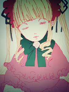 Rating: Safe Score: 0 Tags: 1girl bangs bow dress flower frills image long_hair rose shinku solo traditional_media upper_body User: admin