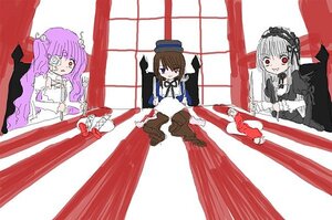 Rating: Safe Score: 0 Tags: 3girls brown_hair curtains dress image long_hair long_sleeves looking_at_viewer multiple multiple_girls purple_hair red_eyes shinku suigintou suiseiseki tagme wings User: admin