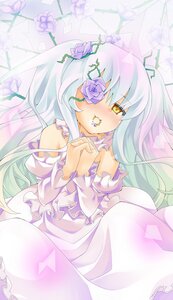 Rating: Safe Score: 0 Tags: 1girl bare_shoulders blush bride commentary_request dress eyepatch flower frills hair_ornament hands_clasped image interlocked_fingers jewelry kirakishou long_hair mouth_hold niji_sugi own_hands_clasped own_hands_together purple_flower purple_rose ring rose rozen_maiden smile solo very_long_hair wedding_dress white_hair yellow_eyes User: admin