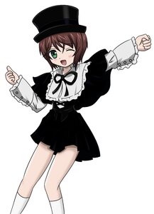 Rating: Safe Score: 0 Tags: 1girl ;d brown_hair dress green_eyes hat image kneehighs long_sleeves one_eye_closed open_mouth ribbon short_hair smile solo souseiseki top_hat white_background white_legwear User: admin