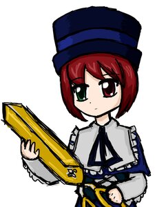 Rating: Safe Score: 0 Tags: 1girl bangs dress eyebrows_visible_through_hair frills green_eyes hat holding image long_sleeves looking_at_viewer red_eyes red_hair short_hair simple_background solo souseiseki upper_body white_background User: admin