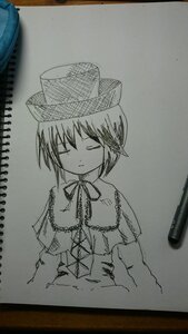 Rating: Safe Score: 0 Tags: 1girl capelet closed_eyes closed_mouth eyebrows_visible_through_hair hat image long_sleeves monochrome nagae_iku photo ribbon short_hair solo souseiseki traditional_media usami_renko User: admin