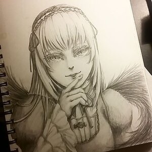 Rating: Safe Score: 0 Tags: 1girl closed_mouth finger_to_mouth greyscale hairband image long_sleeves looking_at_viewer monochrome rose smile solo suigintou traditional_media upper_body User: admin