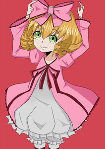 Rating: Safe Score: 0 Tags: 1girl arms_up blonde_hair bloomers bow dress frills green_eyes hair_bow hina_ichigo hinaichigo image long_sleeves looking_at_viewer pink_bow pink_dress red_background ribbon short_hair simple_background smile solo underwear white_bloomers User: admin