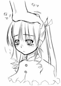 Rating: Safe Score: 0 Tags: 1girl blush buttons greyscale hair_ribbon hand_on_another's_head image monochrome out_of_frame ribbon shinku simple_background solo solo_focus striped tears upper_body white_background User: admin