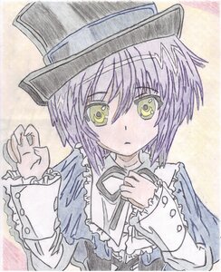 Rating: Safe Score: 0 Tags: 1girl bangs black_headwear closed_mouth eyebrows_visible_through_hair frilled_sleeves frills hair_between_eyes hat image long_sleeves looking_at_viewer short_hair solo souseiseki traditional_media upper_body yellow_eyes User: admin