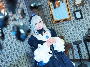Rating: Safe Score: 0 Tags: 1girl 3d dress flower gothic_lolita hairband lolita_fashion long_hair long_sleeves nail_polish photo red_eyes rose silver_hair solo stained_glass suigintou User: admin