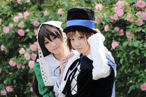 Rating: Safe Score: 0 Tags: 2girls bangs blurry blurry_background blurry_foreground brown_eyes brown_hair depth_of_field dress flower garden hat long_hair long_sleeves looking_at_viewer multiple_cosplay multiple_girls outdoors pink_flower smile tagme top_hat upper_body User: admin