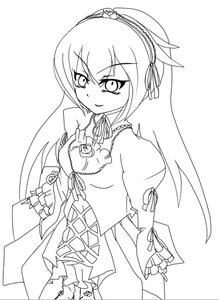 Rating: Safe Score: 0 Tags: 1girl breasts cowboy_shot dress eyebrows_visible_through_hair greyscale hairband image lineart long_hair long_sleeves looking_at_viewer monochrome ponytail ribbon smile solo suigintou User: admin