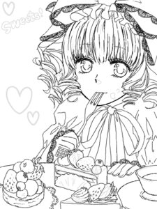 Rating: Safe Score: 0 Tags: 1girl blush cake cookie drill_hair eating eyebrows_visible_through_hair food fruit greyscale heart hinaichigo image long_sleeves macaron monochrome solo strawberry teapot twin_drills upper_body User: admin