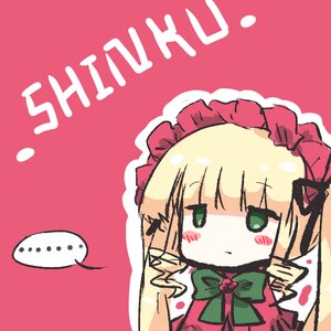 Rating: Safe Score: 0 Tags: ... 1girl bangs blonde_hair blush blush_stickers bow dress eyebrows_visible_through_hair green_eyes image red_background shinku simple_background solo spoken_ellipsis User: admin