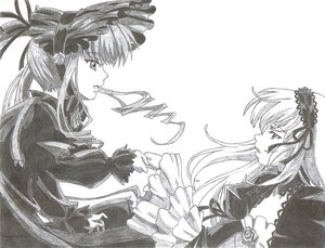 Rating: Safe Score: 0 Tags: 2girls dress eye_contact flower frilled_sleeves frills hairband image juliet_sleeves lolita_hairband long_hair long_sleeves looking_at_another monochrome multiple_girls pair profile rose shinku simple_background suigintou traditional_media wings User: admin