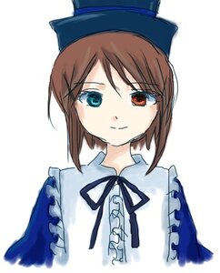 Rating: Safe Score: 0 Tags: 1girl bangs black_ribbon blue_dress brown_hair closed_mouth collar eyebrows_visible_through_hair frills hat heterochromia image long_sleeves looking_at_viewer neck_ribbon red_eyes ribbon short_hair simple_background smile solo souseiseki upper_body white_background User: admin
