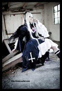 Rating: Safe Score: 0 Tags: 1girl black_border border dress hair_ornament indoors letterboxed long_hair pillarboxed sitting solo suigintou white_hair User: admin