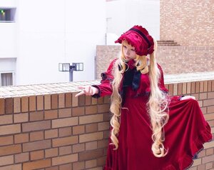 Rating: Safe Score: 0 Tags: 1girl blonde_hair building dress long_hair long_sleeves red_dress shinku solo standing very_long_hair User: admin