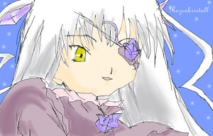Rating: Safe Score: 0 Tags: 1girl bangs barasuishou blue_rose blush close-up flower frills image looking_at_viewer oekaki rose silver_hair solo yellow_eyes User: admin