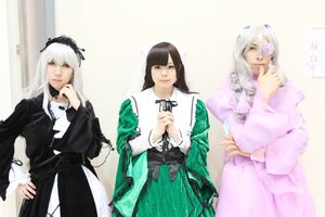 Rating: Safe Score: 0 Tags: 3girls black_hair brown_hair dress flower hair_ornament hairband lipstick long_hair long_sleeves looking_at_viewer makeup multiple_cosplay multiple_girls ribbon silver_hair striped tagme white_hair User: admin