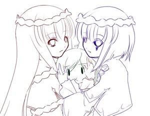 Rating: Safe Score: 0 Tags: 3girls braid enju_maiden frills hat keikoutou kokuyouseki long_hair long_sleeves looking_at_viewer monochrome multiple_girls pair short_hair simple_background white_background User: admin
