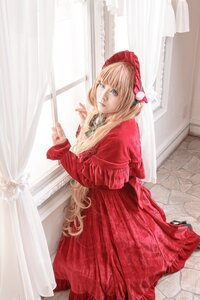 Rating: Safe Score: 0 Tags: 1girl blonde_hair bonnet curtains dress long_hair looking_at_viewer red_dress shinku solo standing twintails window User: admin